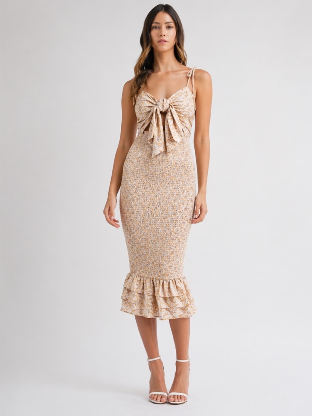 Mable Smocked Ruffled Midi Floral Sundress Size S Bodycon Beige White